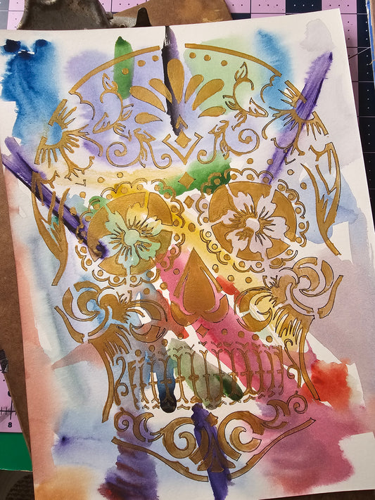 Sugarskull 21 - Watercolor in Gold