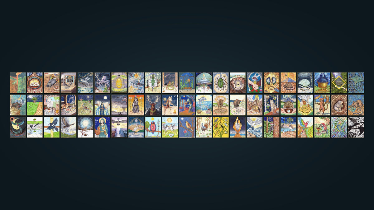 All 63 hand-painted animals laid out as 21 columns of shadow, glow and light